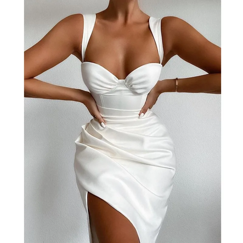 Befans White Women Dress Summer Sexy Backless Ruched Slip Midi Sundresses 2020 Ladies Pleated Spaghetti Strap Long dress Clothes | Женская