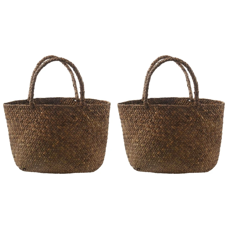 2X Casual Straw Bag Natural Wicker Tote Bags Women Braided Handbag For Garden Handmade Mini Woven Rattan Bags