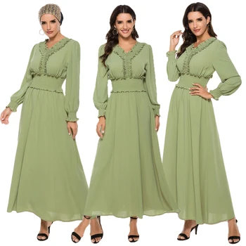 

Muslim Women Chiffon Dress V-Neck Long Sleeve Abaya Tunic Kaftan Arab Islamic Clothing Ruffle Middle East Malay Dresses Fashion