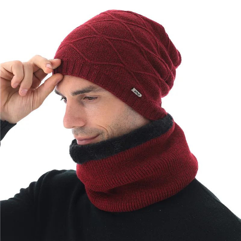 Xthree зимние шапочки вязаные шапочки шерстяные вязаные шапки шарф с подкладкой мужские шапочки зимние шапки для мужчин шапочки - Цвет: hat scarf set wine