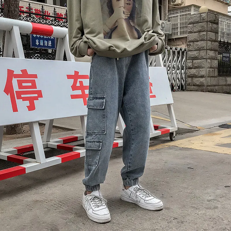 

Cotton Drawstring Jeans Men's Fashion Washed Solid Color Retro Casual Jeans Men Streetwear Loose Hip Hop Straight Denim Trousers