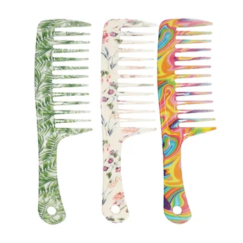 

3Pcs Wide Teeth Hair Combs Fashion Printing Haircut Combs Hairdressing Combs with Straight Handle (Mixed Color Green Leaf Style