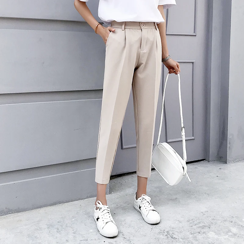 

2019 New Women Pants Spring Autumn Solid Elastic Waist Harem Pants Female Causal Loose Lady Ankle-Length Button Trousers