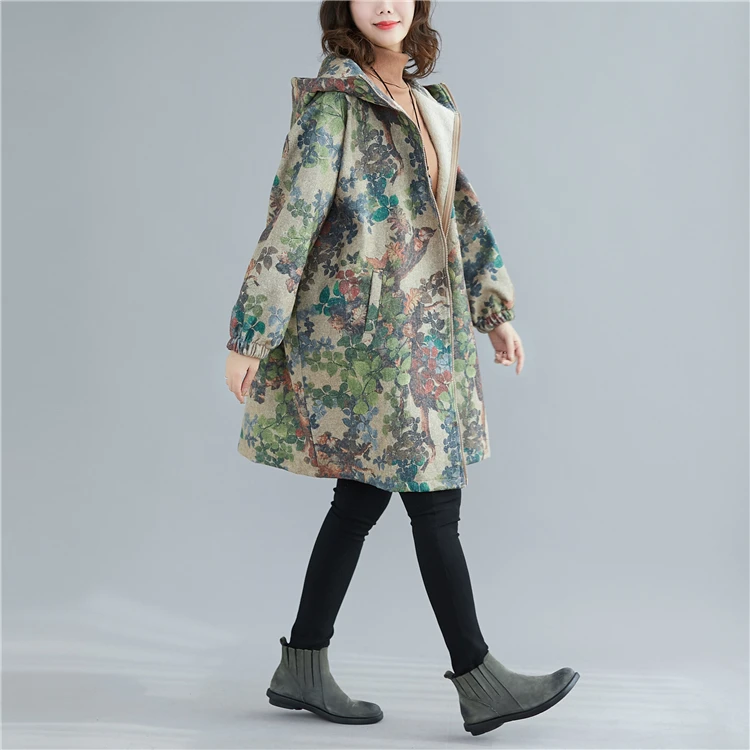 Женские куртки с капюшоном, пальто размера плюс 4XL 5XL 6XL, винтажное пальто на молнии из хлопка и льна с художественным принтом, зимнее пальто большого размера, свободное бархатное пальто