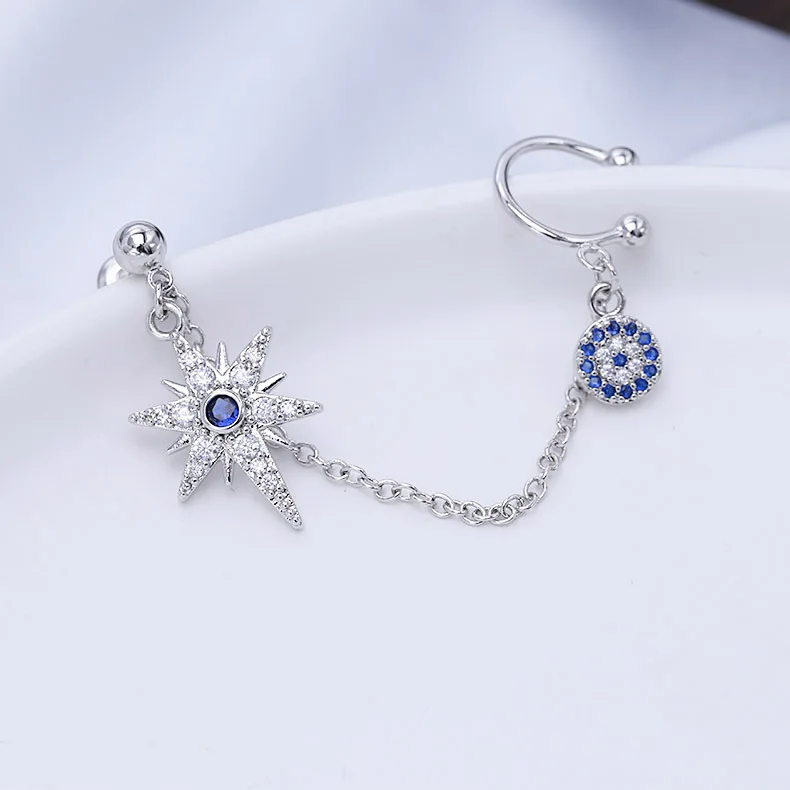 New Trend Cubic Zirconia Blue Eye And Star Asymmetric Earrings Luxury Brand Design Long Earrings For Women Fashion Jewelry