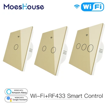 

Gold WiFi Smart Light Switch RF433 Wireless Remote Control Glass Panel Light Switch Works With Alexa Echo Google Home 1/2/3 Gang