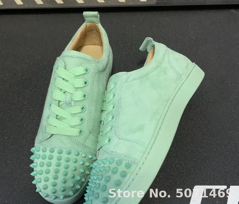 

2019 OLOMLB-CL Low Cut Leisure Lace Up Full Grass Green Leather Rivets Red Bottom For Man Shoes Sneakers Casual Flat Loafers