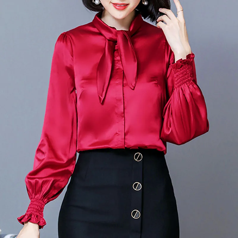 Blusas Mujer De Moda 2019 осенние модные офисные женские рубашки с длинным рукавом и бантом женские Однотонные блузки на каждый день женские топы 6225 50