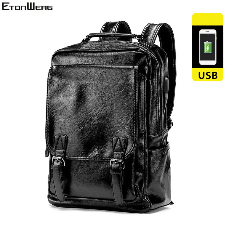

Men's Computer Laptop Backpack Luxury Brand Leather school bag pack Business office backbag Black Solid back bag man USB bookbag