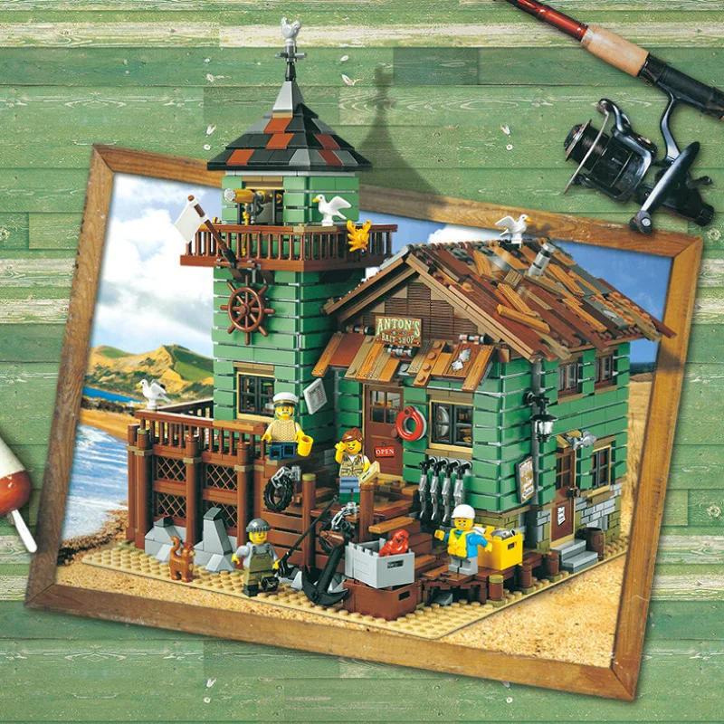 

S Brand 90001 Tripod Height 1147 City Street View Architecture Fisherman Cabin Old Fishing Shop Assembled Building Blocks Toy 16