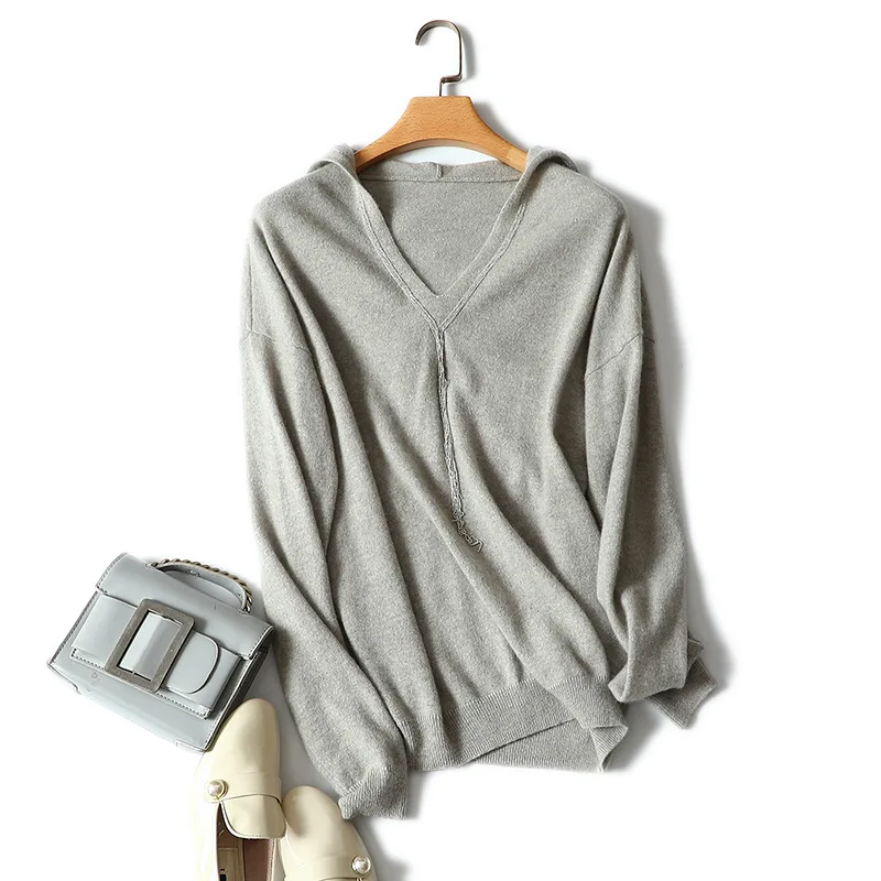 

autumn winter new styles 100% cashmere v neck hooded sweater for women