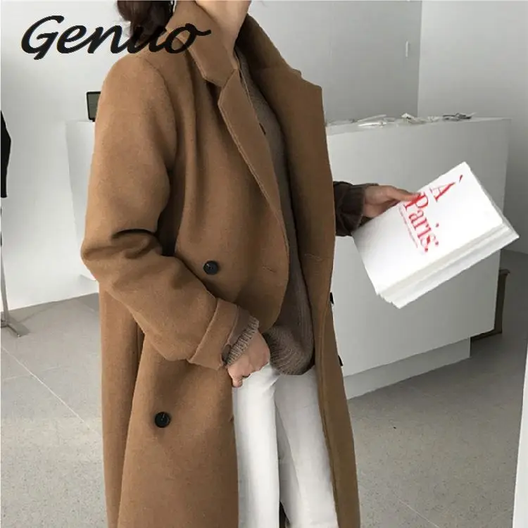 Genuo Новое корейское шикарное пальто женское модное шерстяное уличное пальто весеннее теплое Новое однотонное длинное женское универсальное пальто размера плюс