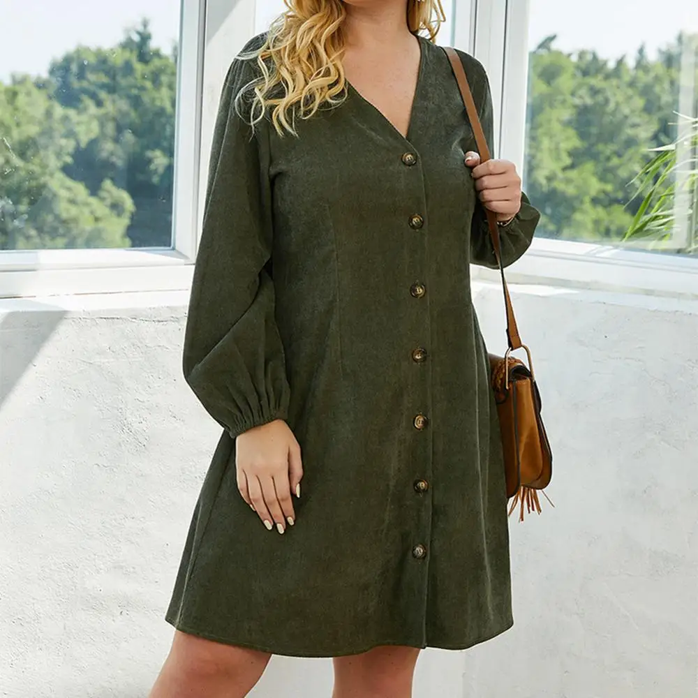 Женское платье с длинным рукавом и v-образным вырезом однобортное ТРАПЕЦИЕВИДНОЕ