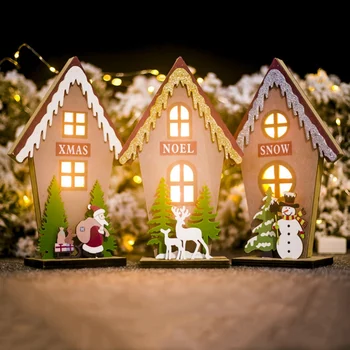 

Color Painted LED Light Up Wooden House Christmas Desktop Ornament Luminous Xmas Holiday Decor Supplies dornos de navidad
