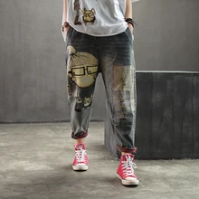 Для женщин Демисезонный модный бренд Винтаж Пёс из мультфильма для маленькой девочки, джинсовая рубашка с принтом в виде джинсовый женский Повседневный потертые штаны-шаровары