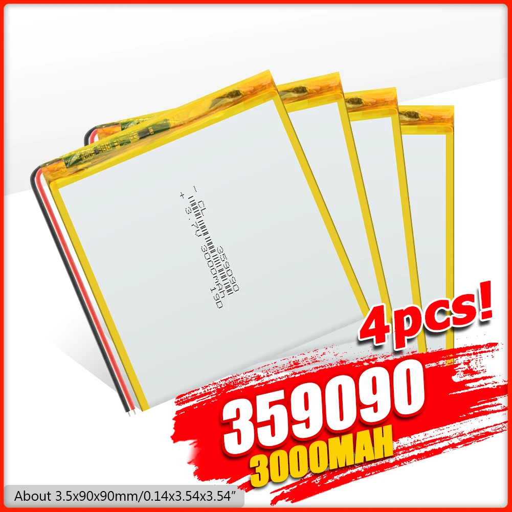 Литий ионные аккумуляторные батарейки 3 7 в 359090 3000 мАч 1/2/4 шт. литий полимерный