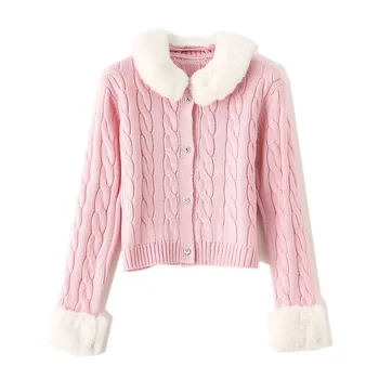 

19 Autumn and Winter Sweater Female Sweet Fur Collar Slim Ladies Twist Knit Cardigan Short Tops Women Outerwear TA1145