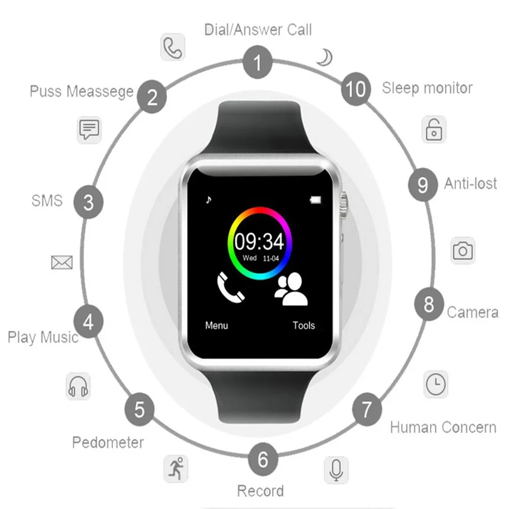 A1 наручные часы Bluetooth смарт часы спорт шагомер с sim-камерой Smartwatch для Android смартфон россия T15 хорошо, чем DZ09