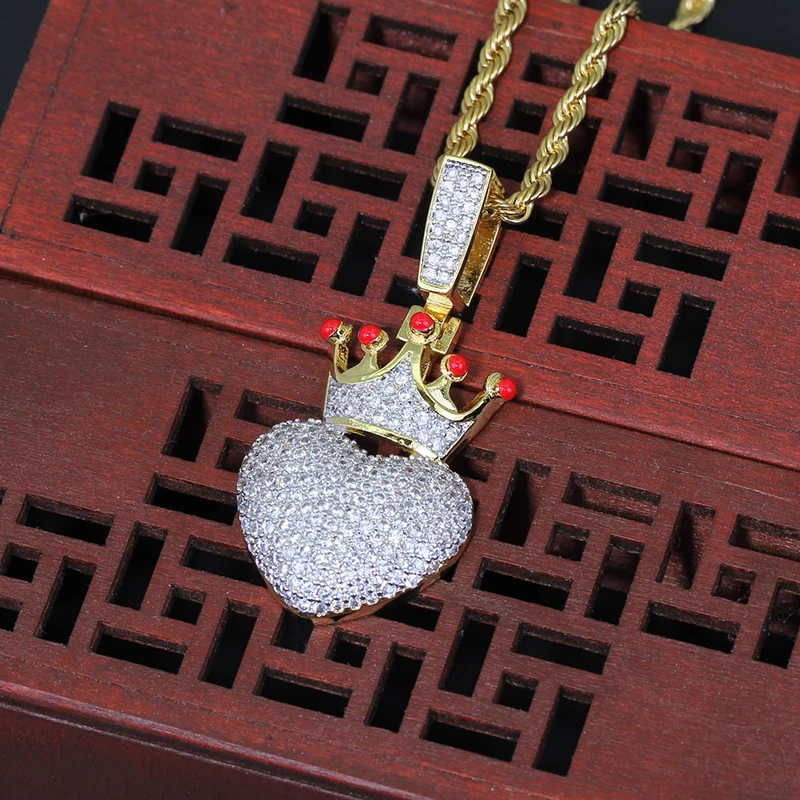 Хип-хоп AAA кубический цирконий проложили Bling Iced Out золотая корона Сердце Подвески ожерелье для мужчин рэппер ювелирные изделия Прямая