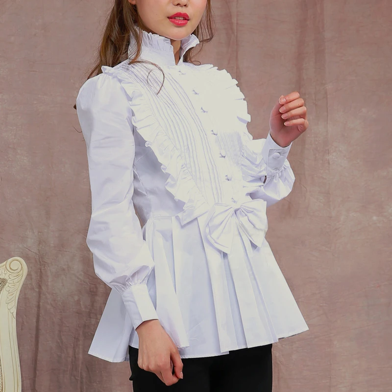 Spring Women White Tops Vintage Victorian Ruffled