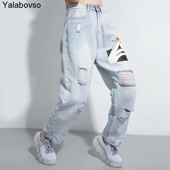 

Street Fashion Cowboy Hole Straight Pants Summer Clothes Washed Denim Printing Personalized Ripped Jeans For Women SMLXL Size