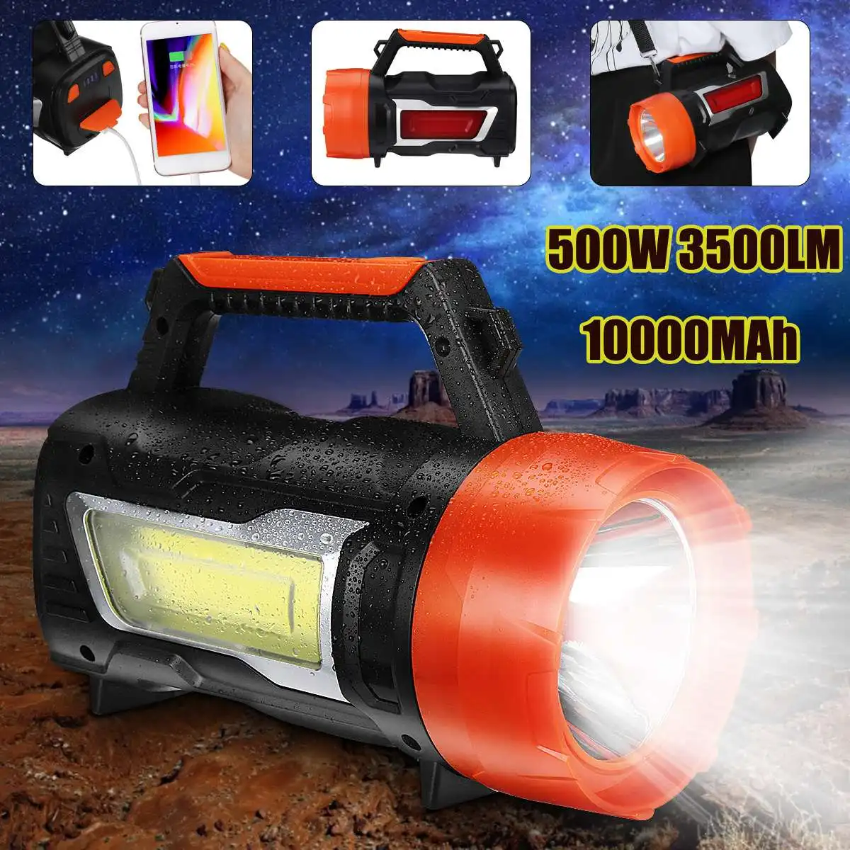 

3500LM Bright Powerful LED Searchlight Handheld Flashlight Power Bank 10000mAh Rechargeable Battery Waterproof Torch for Outdoor