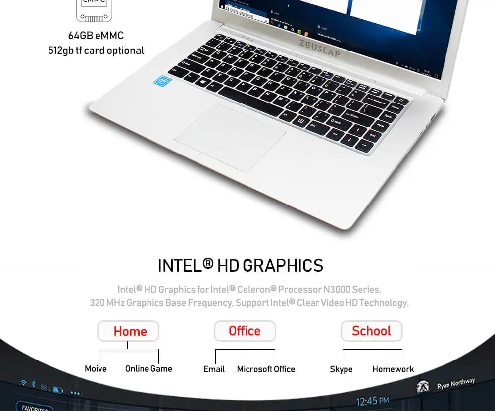 New Laptop15.6inch 1920*108P IPS Screen Intel CPU E8000 4GB Ram 64GB Rom Windows 10 System Fast Boot Netbook Notebook Computer