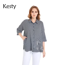

KESTY Women's Plus Size Shirt Spring Cotton 3/4-Sleeve Blouse Plaid Print Lapel Single-breasted Loose Casual Blouse