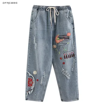 

Patchwork Embroidery Female Denim Pants With Hole 2020 Spring Elastic Waist Streetwear Plus Size Women Jeans Trousers Female