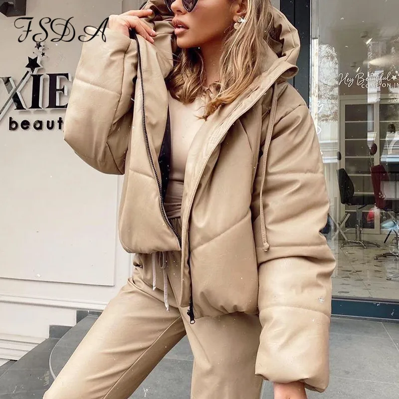 FSDA 2020 парка из искусственной кожи пальто для женщин хаки теплый карман на молнии