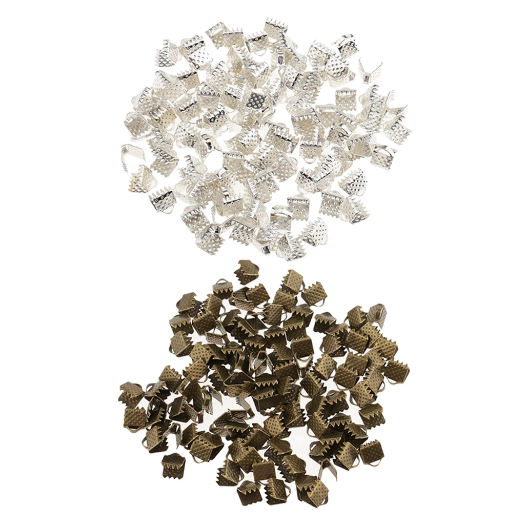 200 Pieces Silver and Bronze Crimp Clasps for DIY Necklace Choker Making Supplies, Flat Cord Ribbon Closure Findings, 0.24inch