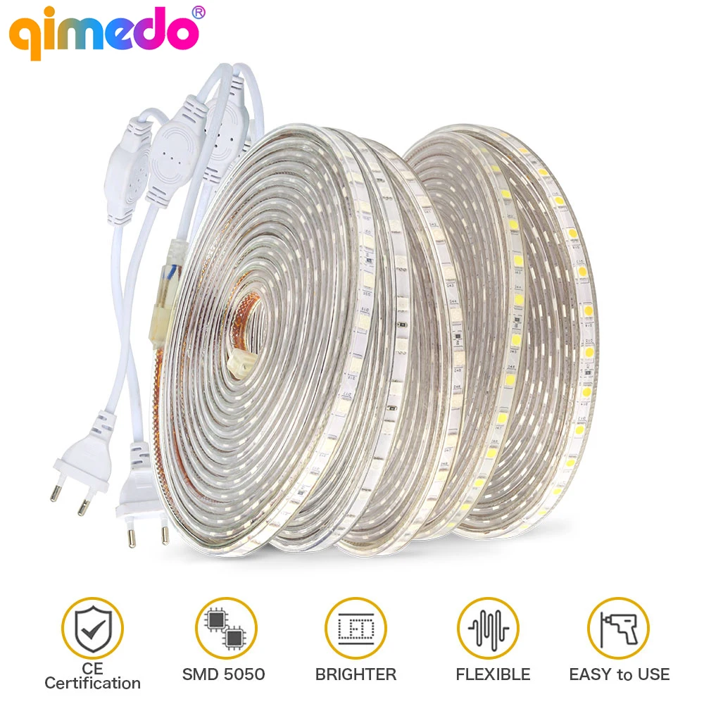

AC 220V Led Strip SMD 5050 Flexible Waterproof led lights Tape Stripe 60 leds/Meter For Outdoor Garden Kitchen cabinets lighting
