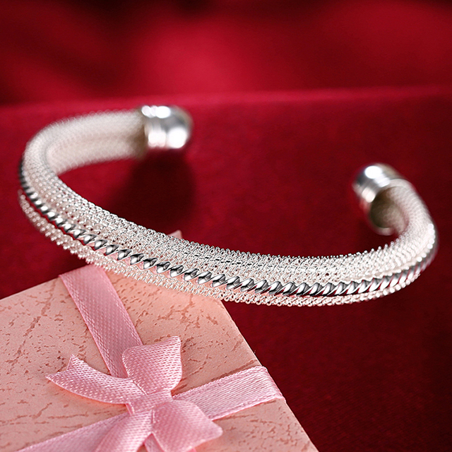 Trendy Style 925 Silver Round Heart Open Bracelet For Women Fashion Jewelry Cuff Bangles