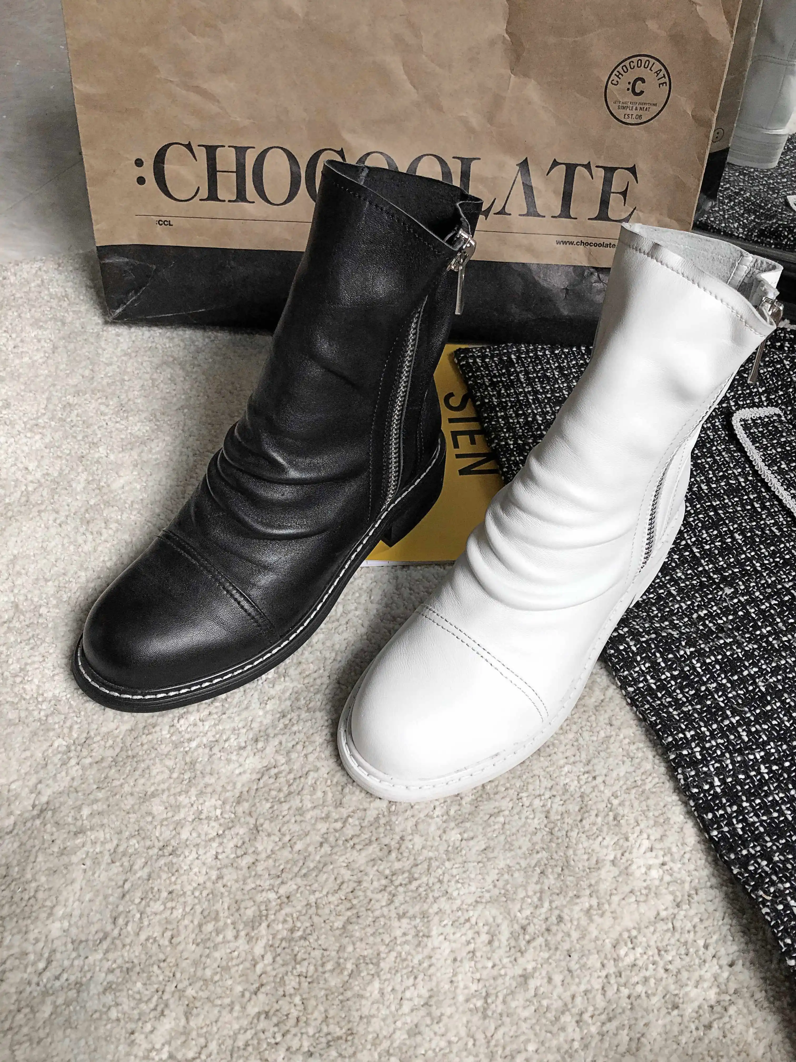 krazing pot pleated sheep leather superstar low heel western round toe zipper personalized design wear mid-calf boots l09