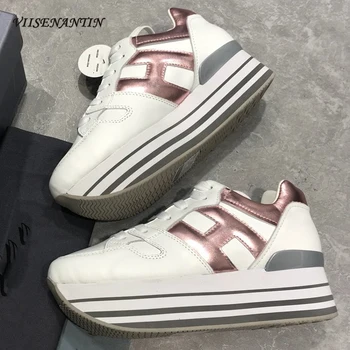 

Fashion Thick-soled Height Increasing Woman Sneakers Genuine Leather Lace-Up Spring Autumn Designer Brand Chunky Shoes 2021 New