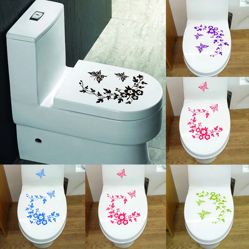 MNSYD Removable Toilet Lid Sticker Butterfly and Flower Pattern Seat Cover Wall Sticking Decals Decoration Stickers for Toliet,black 