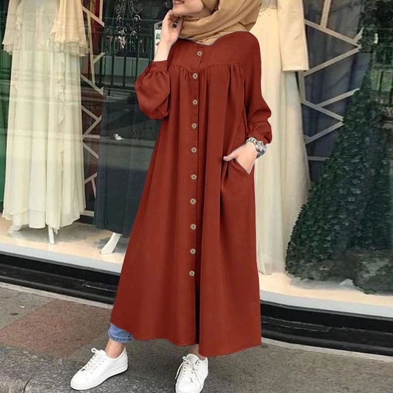 Muslim Dress Women Abaya Hijabs Shirt Dress Solid Long Sleeve Pocket Maxi...