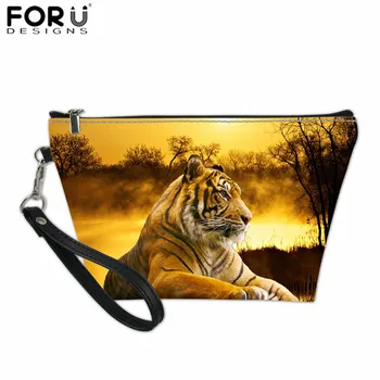 

FORUDESIGNS Pu Leather Cosmetic Bag Women Men Zipper Vanity Case 3D Tiger Printed Small Bag for Makeup Necessaire Feminina
