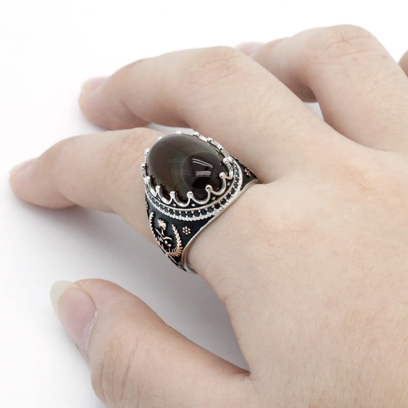 925 Sterling Silver Islamic Men Ring with Oval Natural Stone Rings
