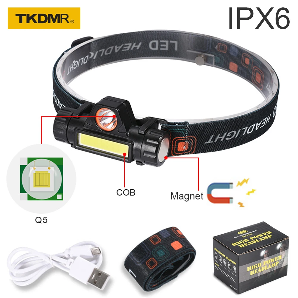 

TKDMR Portable Mini Flashlight Q5+COB Led Headlamp High Power Built-in 18650 Battery Outdoor Camping Headlight Stepless Dimming