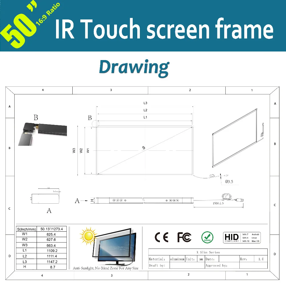 Новинка! Она поставляется бесплатно 50 дюймов ИК-рамка multi Touch комплект 16:9 10 точек касания USB кабель Plug and Play драйвер