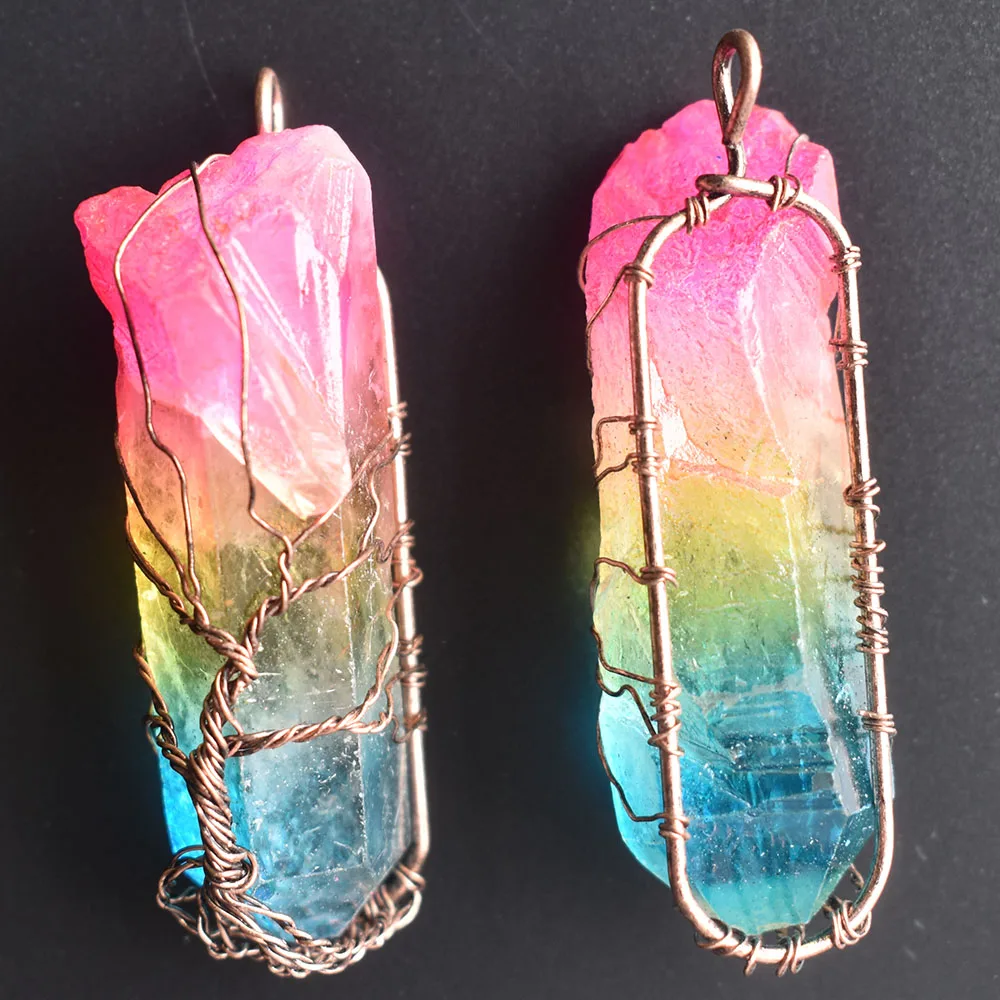 7 Chakra Crystal Natural/Rainbow Stone Quartz tree of life Pendant Necklace Reiki Healing Chakra Jewelry Wholesale 6Pcs/Lot free
