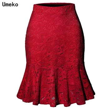 

2020 New Red casual solid high waist office lady lace skirts for women pleated sexy mermaid skirt ladies elegant skirts bottom