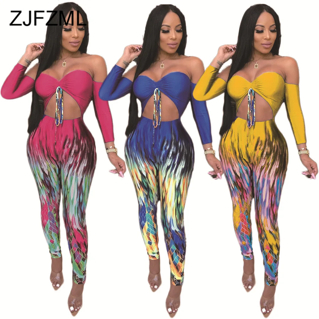 

Gradient Print Sexy Bodycon Jumpsuit Women Off The Shoulder Backless One Piece Overall Casual Cut Out Night Club Party Playsuit