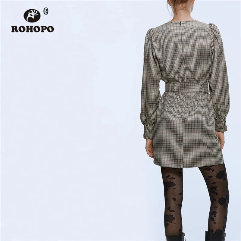 ROHOPO, с длинным рукавом, маленькое клетчатое мини-платье, круглый воротник, молния сзади, пояс, осень, Vestido, рукав-фонарик, халат#9109