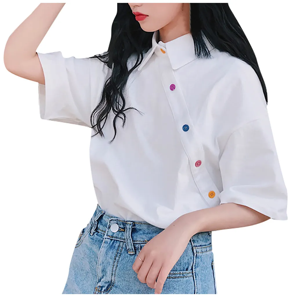 Women's Retro Simple Loose Color Button V-neck Short Sleeve Shirt Leisure fashion Sexy Comfortable 2020 new Trends | Женская одежда