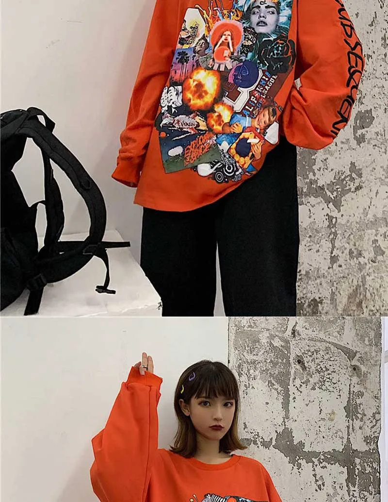 NiceMix Harajuku стиль постер граффити печати толстовки осень уличная Свободный пуловер с длинными рукавами тонкая толстовка женская одежда