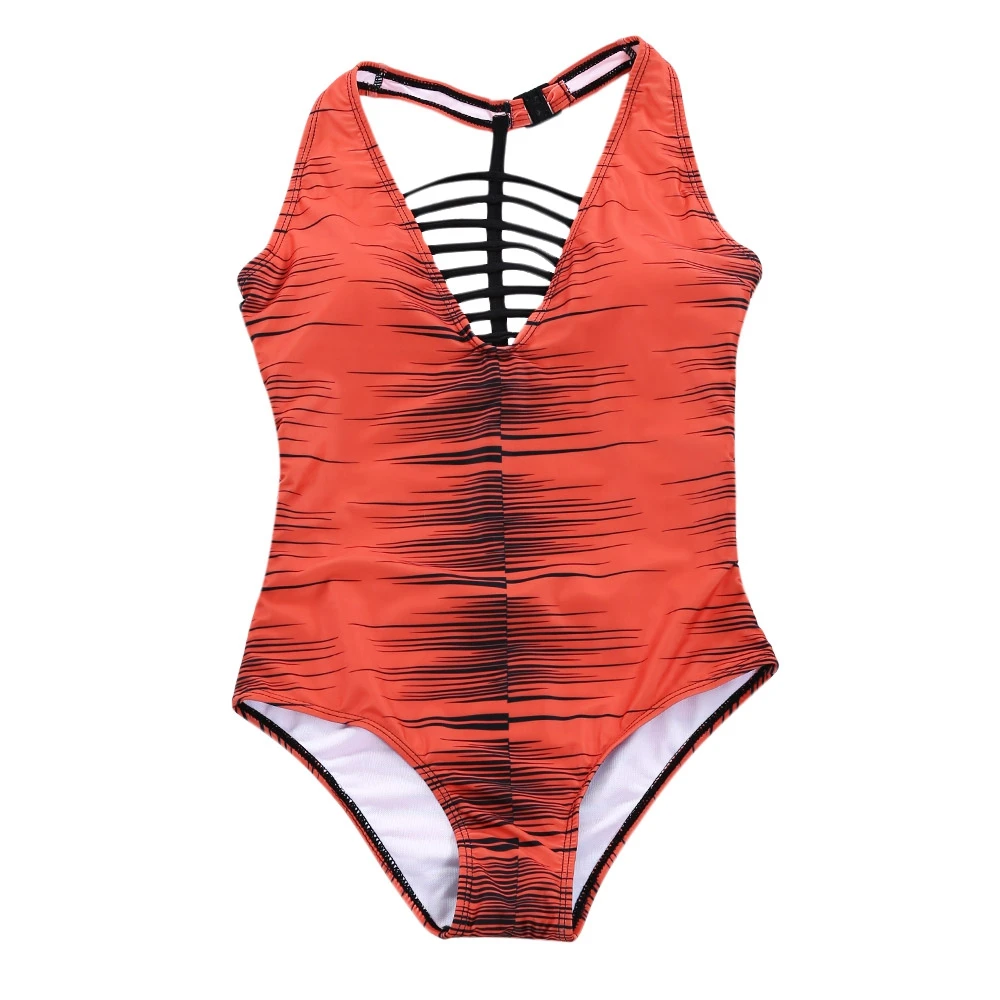 

Sexy V Neck Hollow Out Strap Pad Print Swimsuit for Women