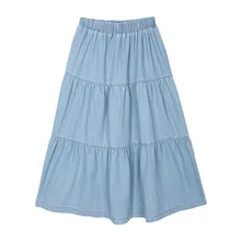 Многоуровневая хлопковая Джинсовая юбка миди женские расклешенные трапециевидные юбки до середины икры синего цвета