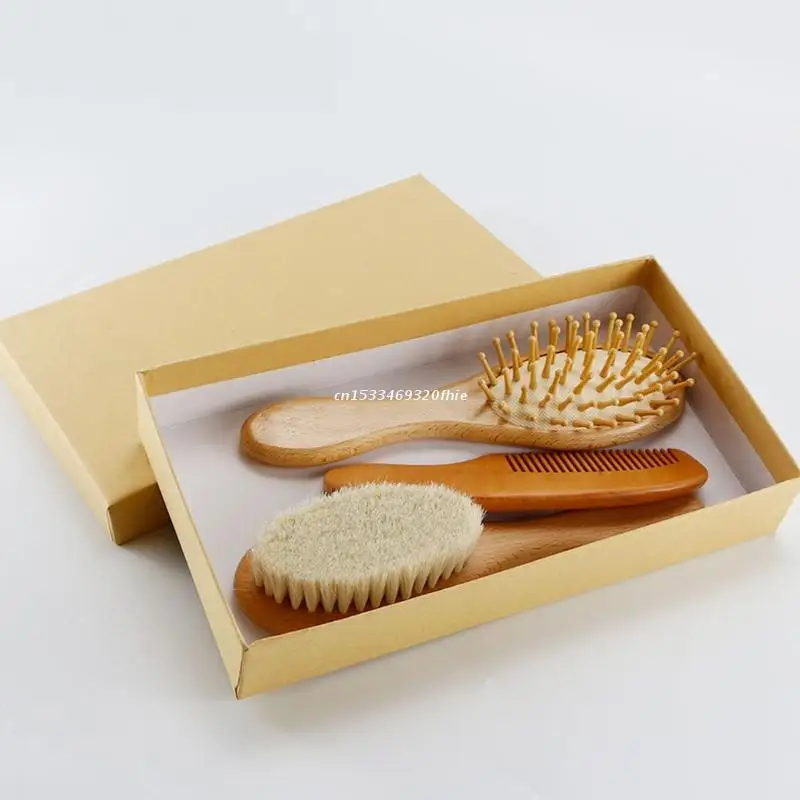 3Pcs Baby Hairbrush and Comb Set Newborn Natural Wool Hair Brush Infant Head Massager Registry Gift Dropship | Мать и ребенок